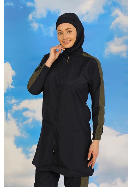 Moda Kadın Pantolonlu Kolu Şeritli Tam Tesettür Mayo Lacivert modelleri