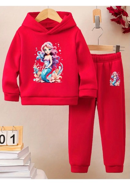 Punıx Kıds Özel Seri Kapüşonlu Deniz Kızı Baskılı %100 Pamuk Kışlık Yeni Moda Kız Çocuk Eşofman Takımı