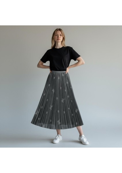 Deri Görünümlü Kelebek ve Taş Detaylı Pileli Pamuklu Dokuma Viskon 4 Mevsim Etek(95 Cm)-(38-50)