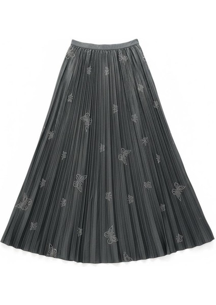 Deri Görünümlü Kelebek ve Taş Detaylı Pileli Pamuklu Dokuma Viskon 4 Mevsim Etek(95 Cm)-(38-50) modelleri