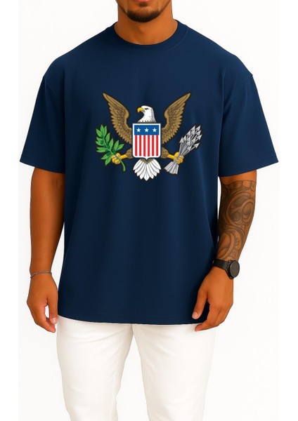 Oversize American Bald Eagle Göğüs Tasarımlı Unisex T-Shirt