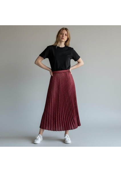 Deri Görünümlü Taş Detaylı Pileli Pamuklu Dokuma Viskon 4 Mevsim Etek(95 Cm)-(38-50)