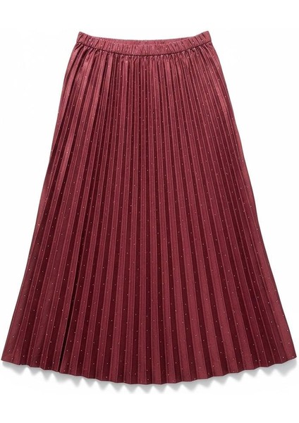 Deri Görünümlü Taş Detaylı Pileli Pamuklu Dokuma Viskon 4 Mevsim Etek(95 Cm)-(38-50) modelleri