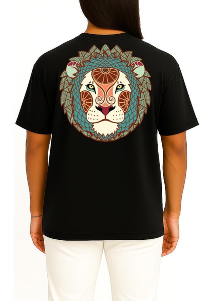 Oversize Aslan Burç - Astroloji Cep ve Sırt Tasarımlı Unisex T-Shirt fırsatları
