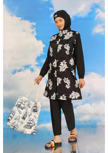 Moda Kadın Pantolonlu Desenli Tam Tesettür Mayo Siyah fiyatları