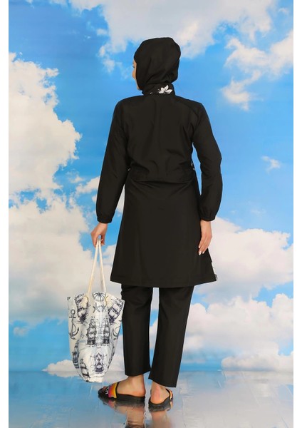 Moda Kadın Pantolonlu Desenli Tam Tesettür Mayo Siyah fırsatları