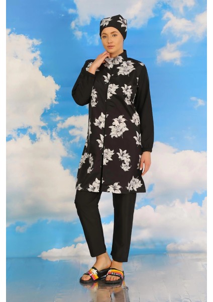 Moda Kadın Pantolonlu Desenli Tam Tesettür Mayo Siyah indirimleri