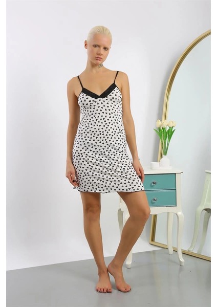 Moda Kadın Penye Desenli Ip Askılı Gecelik