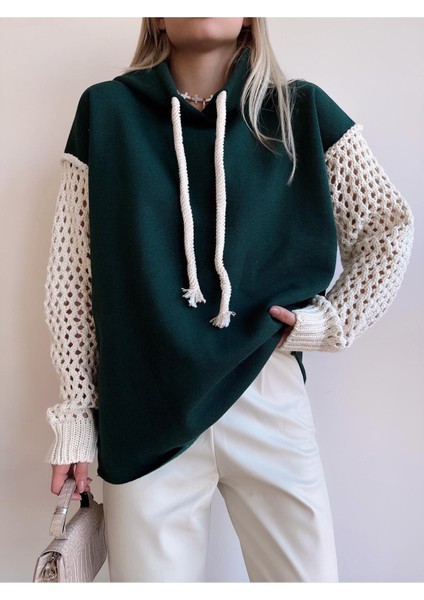 Kadın Kolları Triko Oversize Curve Tasarım Zümrüt Yeşil Sweatshirt