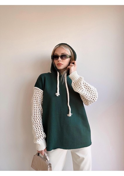 Kadın Kolları Triko Oversize Curve Tasarım Zümrüt Yeşil Sweatshirt modelleri