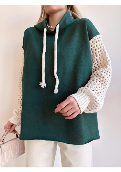 Kadın Kolları Triko Oversize Curve Tasarım Zümrüt Yeşil Sweatshirt indirimleri