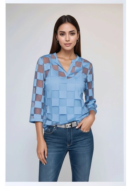 Kadın V Yaka Kare Desenli Şifon Truvakar Kol Astarlı Tasarım Şık Büyük Beden Curve Bluz