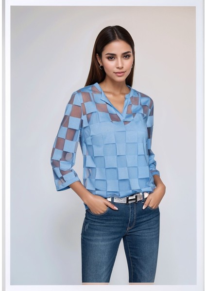 Kadın V Yaka Kare Desenli Şifon Truvakar Kol Astarlı Tasarım Şık Büyük Beden Curve Bluz fiyatları