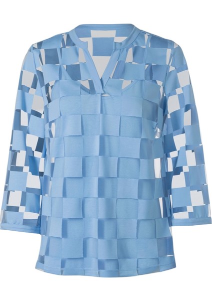 Kadın V Yaka Kare Desenli Şifon Truvakar Kol Astarlı Tasarım Şık Büyük Beden Curve Bluz modelleri