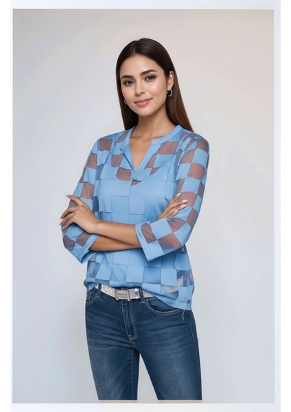 Kadın V Yaka Kare Desenli Şifon Truvakar Kol Astarlı Tasarım Şık Büyük Beden Curve Bluz fırsatları