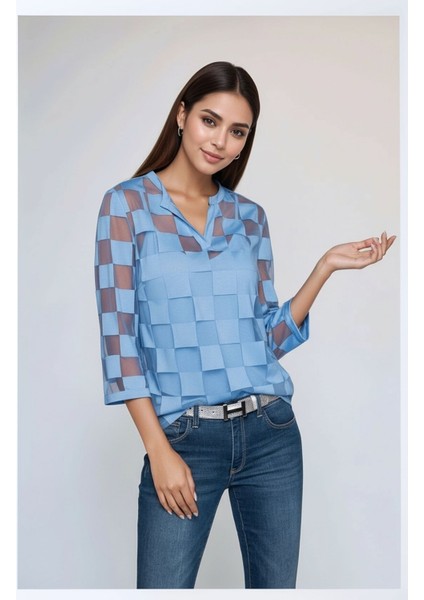 Kadın V Yaka Kare Desenli Şifon Truvakar Kol Astarlı Tasarım Şık Büyük Beden Curve Bluz indirimleri