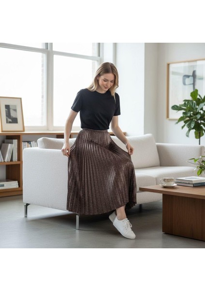 Deri Görünümlü Taş Detaylı Pileli Pamuklu Dokuma Viskon 4 Mevsim Etek(95 Cm)-(38-50) fiyatları