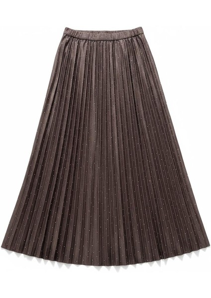 Deri Görünümlü Taş Detaylı Pileli Pamuklu Dokuma Viskon 4 Mevsim Etek(95 Cm)-(38-50) modelleri