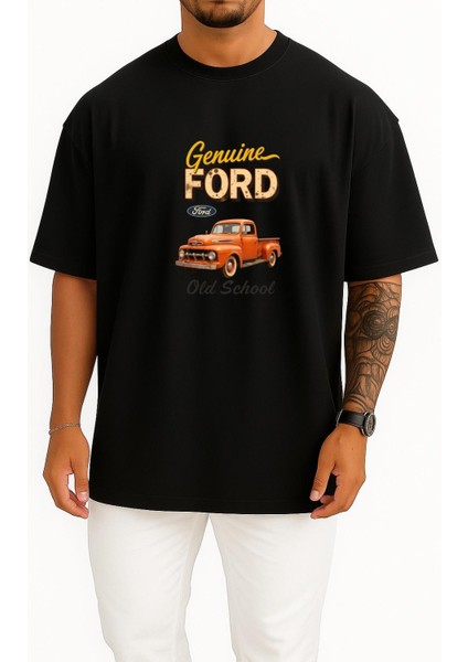Oversize Ford Genuine Old School Kamyonet Göğüs Tasarımlı Unisex T-Shirt