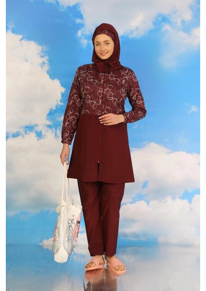 Moda Kadın Pantolonlu Desenli Tam Tesettür Mayo Bordo