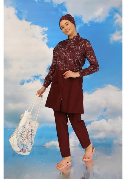 Moda Kadın Pantolonlu Desenli Tam Tesettür Mayo Bordo modelleri