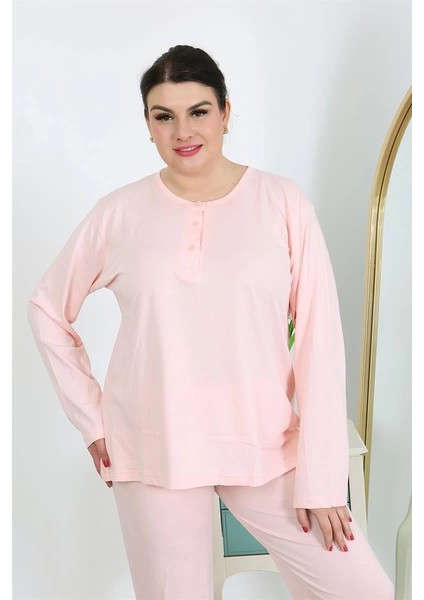 Moda Kadın Büyük Beden Uzun Kol Penye Pijama Takımı Pembe indirimleri