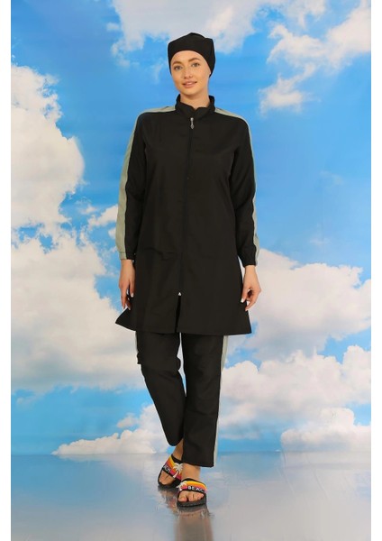 Moda Kadın Pantolonlu Kolu Şeritli Tam Tesettür Mayo Siyah