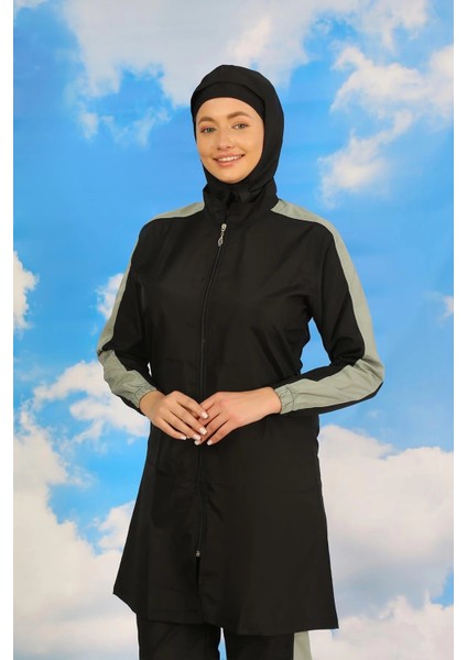 Moda Kadın Pantolonlu Kolu Şeritli Tam Tesettür Mayo Siyah fiyatları