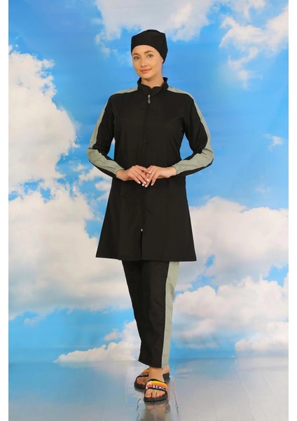 Moda Kadın Pantolonlu Kolu Şeritli Tam Tesettür Mayo Siyah fırsatları