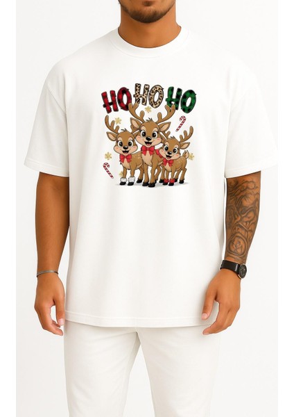 Oversize Hohoho Yeni Yıl Geyikleri Göğüs Tasarımlı Unisex T-Shirt