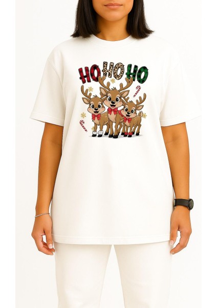 Oversize Hohoho Yeni Yıl Geyikleri Göğüs Tasarımlı Unisex T-Shirt fiyatları