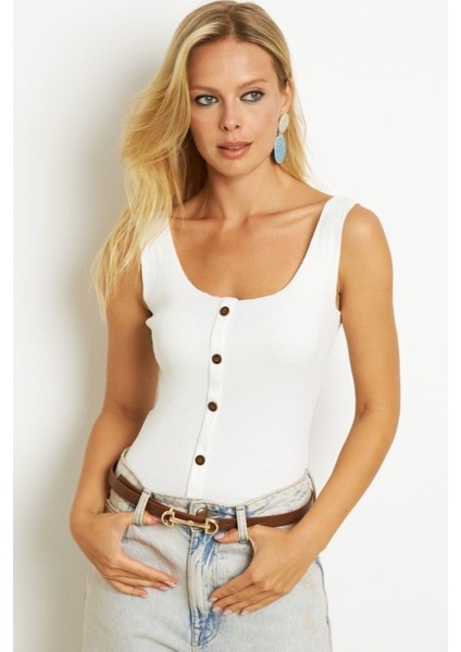 Kadın Kare Yaka Önden Düğmeli Yazlık Crop Top Bluz