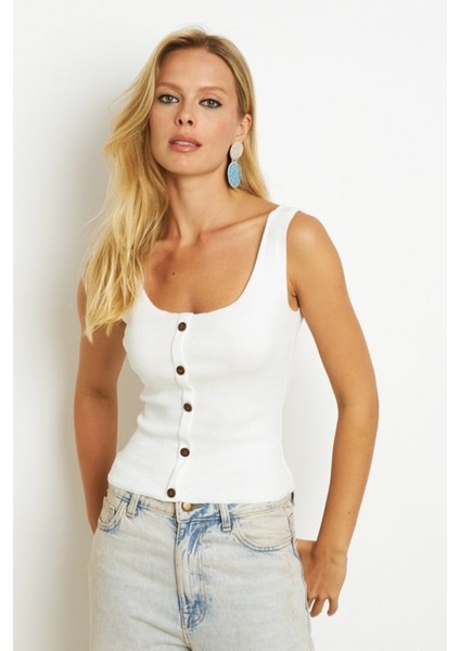 Kadın Kare Yaka Önden Düğmeli Yazlık Crop Top Bluz fiyatları