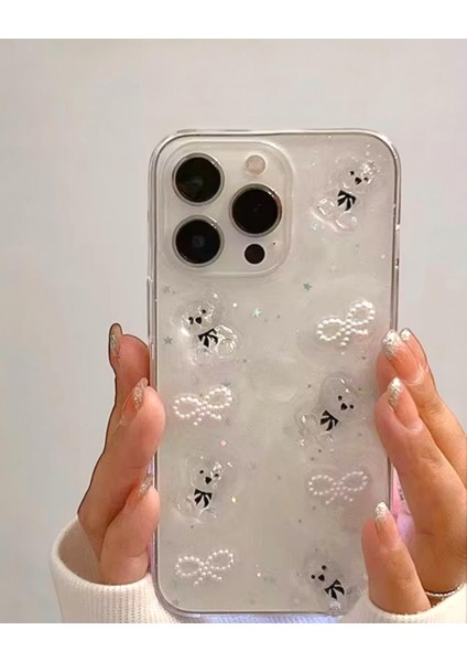 Iphone Uyumlu Şeffaf İncili Fiyonklu Kedili Kılıf