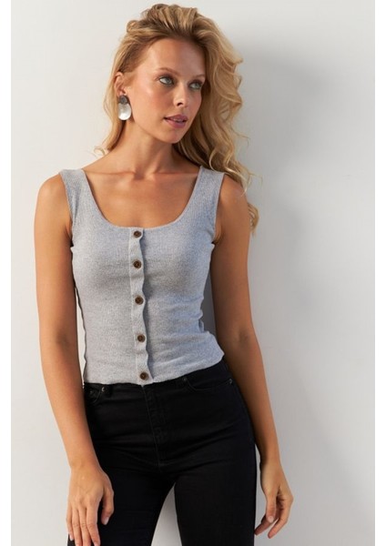 Kadın Kare Yaka Önden Düğmeli Yazlık Crop Top Bluz