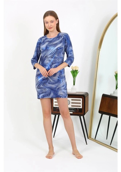 Moda Kadın Micro Kumaş Mini Parlak Elbise 7420 Mavi