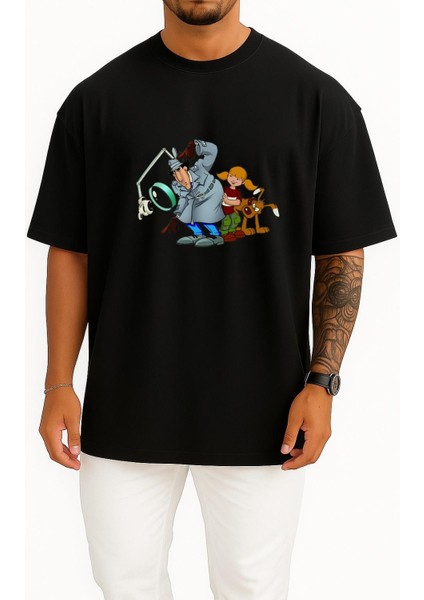 Oversize Müfettiş Gadget Çizgi Film Göğüs Tasarımlı Unisex T-Shirt