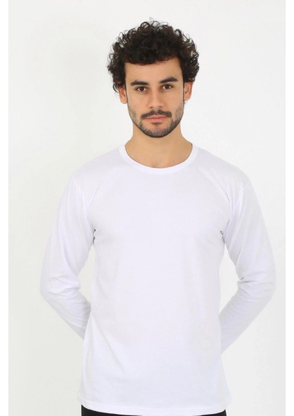 Moda Erkek Sıfır Yaka Uzun Kol Beyaz Fanila