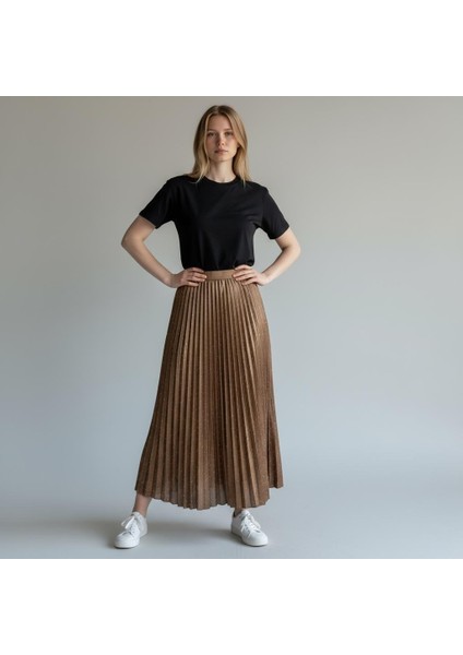 Deri Görünümlü Taş Detaylı Pileli Pamuklu Dokuma Viskon 4 Mevsim Etek(95 Cm)-(38-50)