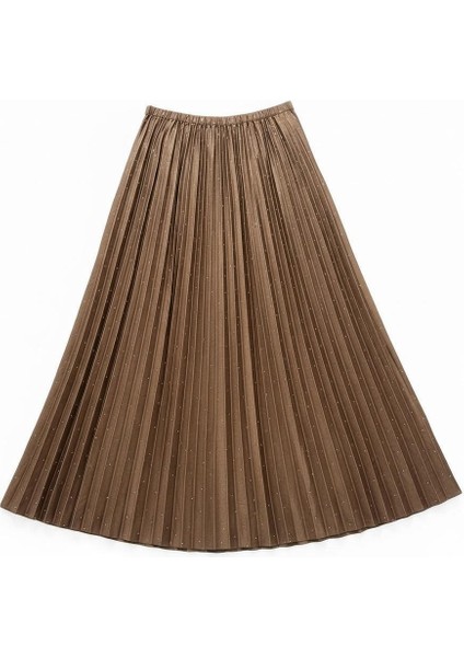 Deri Görünümlü Taş Detaylı Pileli Pamuklu Dokuma Viskon 4 Mevsim Etek(95 Cm)-(38-50) modelleri