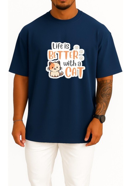 Oversize Hayat Kedilerle Daha Iyi Göğüs Tasarımlı Unisex T-Shirt