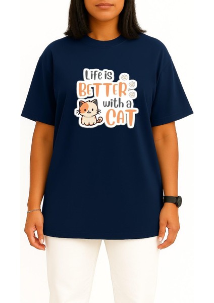 Oversize Hayat Kedilerle Daha Iyi Göğüs Tasarımlı Unisex T-Shirt fiyatları