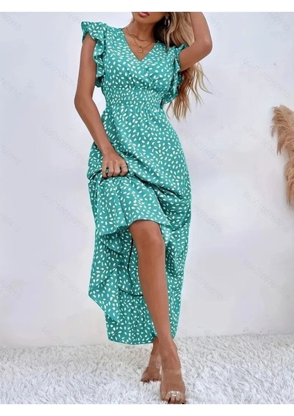 Kadın Kısa Kollu Kruvaze Yaka Beli Lastikli Çiçek Desenli Elbise modelleri