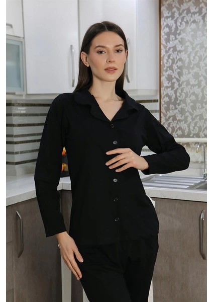 Moda Kadın Pamuk Penye Önden Düğmeli Uzun Kol Pijama Takım Siyah