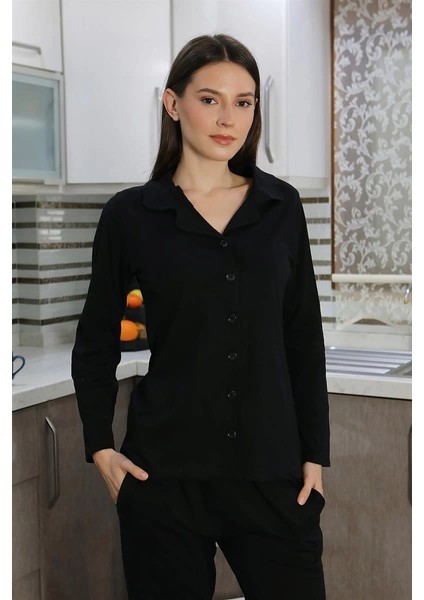 Moda Kadın Pamuk Penye Önden Düğmeli Uzun Kol Pijama Takım Siyah fiyatları
