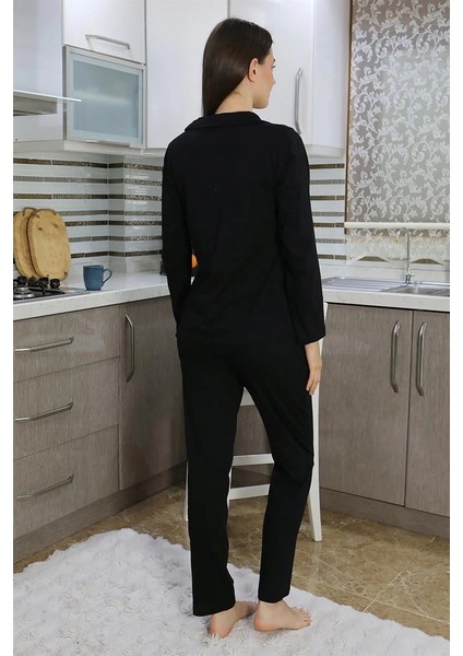 Moda Kadın Pamuk Penye Önden Düğmeli Uzun Kol Pijama Takım Siyah modelleri