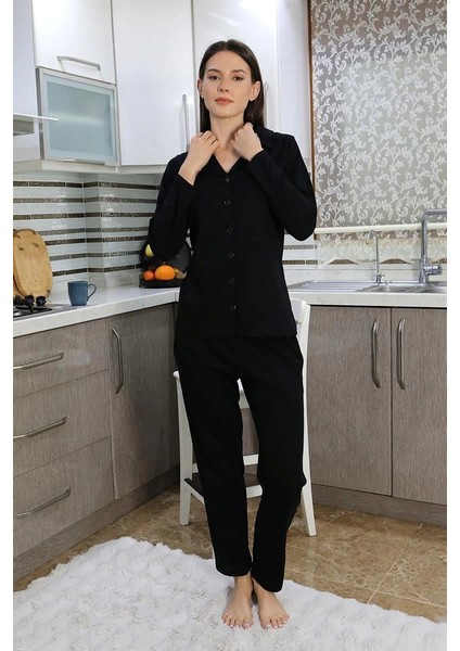 Moda Kadın Pamuk Penye Önden Düğmeli Uzun Kol Pijama Takım Siyah fırsatları