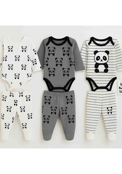 Panda Desenli 3 Lü Alt Üst Body Patikli Takım 6 Parça %100 Pamuk