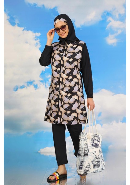 Moda Kadın Pantolonlu Desenli Tam Tesettür Mayo Lacivert modelleri