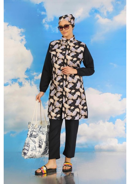 Moda Kadın Pantolonlu Desenli Tam Tesettür Mayo Lacivert fırsatları